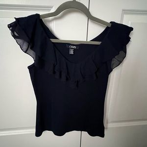 Chaps tank top with ruffle detail.